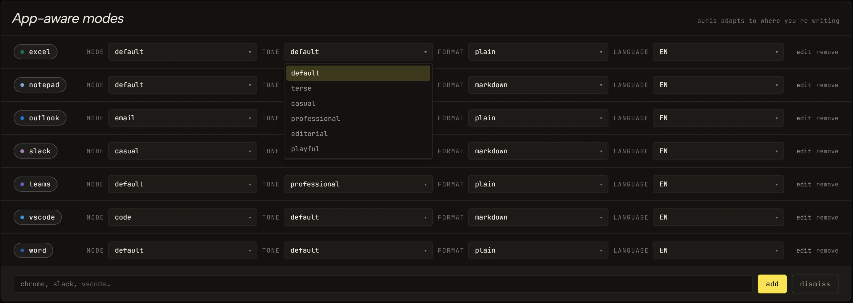 Auris app-aware modes panel: rows for excel, notepad, outlook, slack, teams, vscode, word, each with Mode, Tone, Format, and Language selects plus per-row edit and remove links.